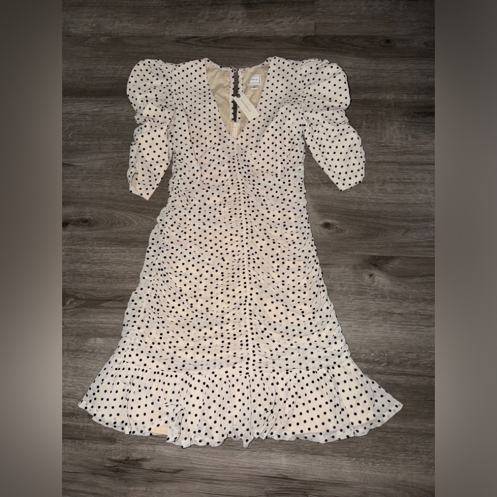 Maeve Puff-Sleeve Ruched Mesh Polka Dot Mini Dress - Picture 5 of 10